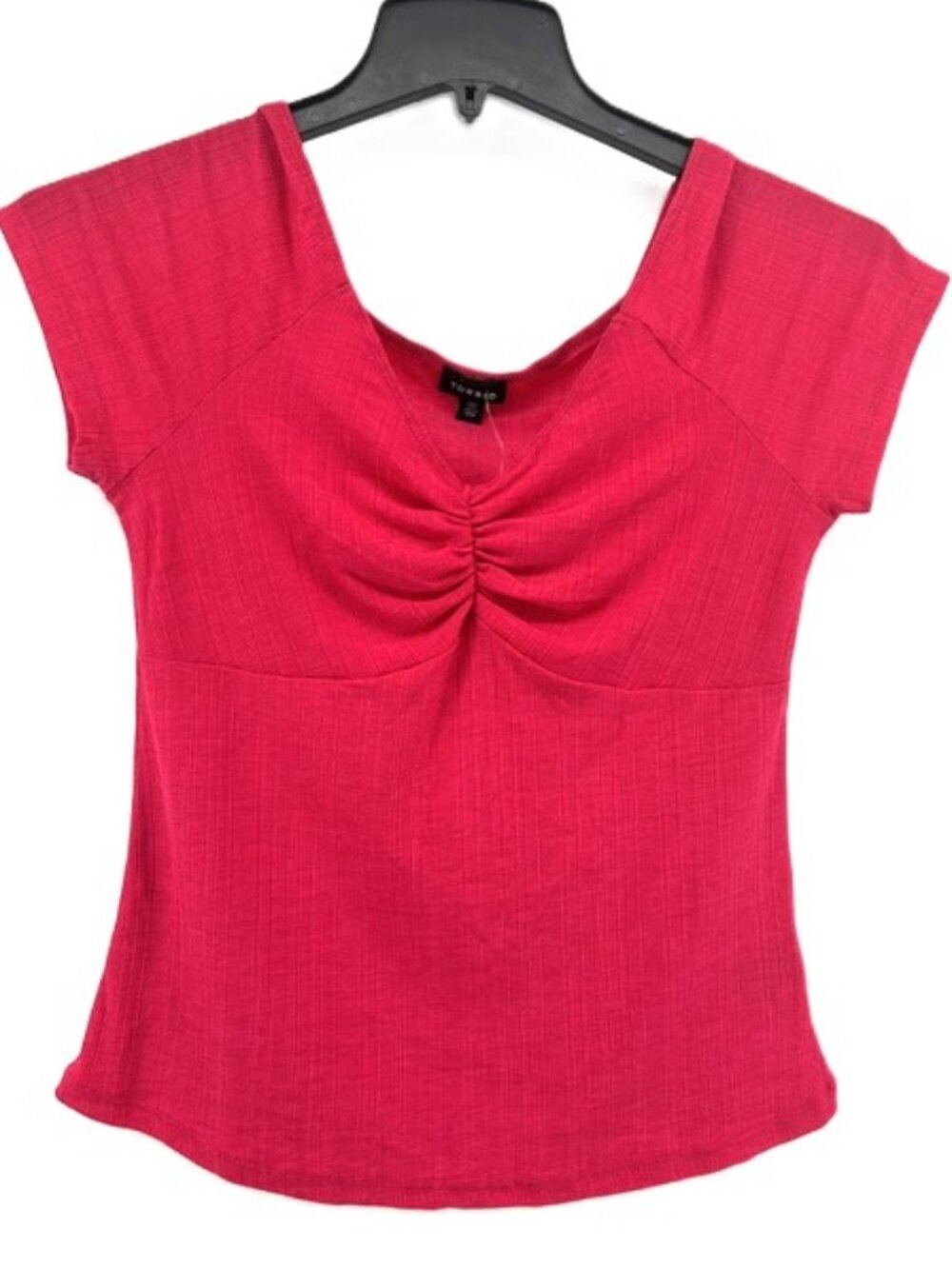 Torrid Bright Pink Shirred Bodice Tee Size 00 M/L 10 Ribbed Sweetheart Neckline